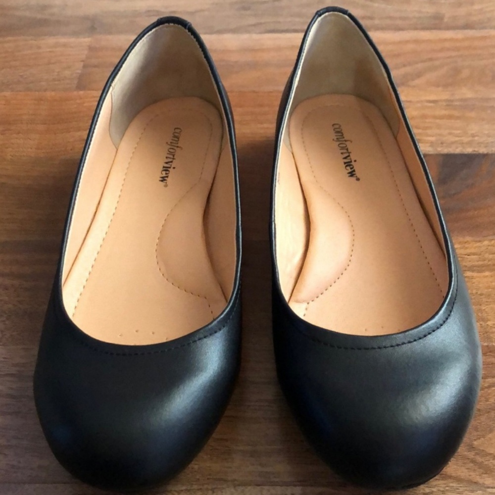 Comfort View Black Leather Round Toe Shoes 9.5W